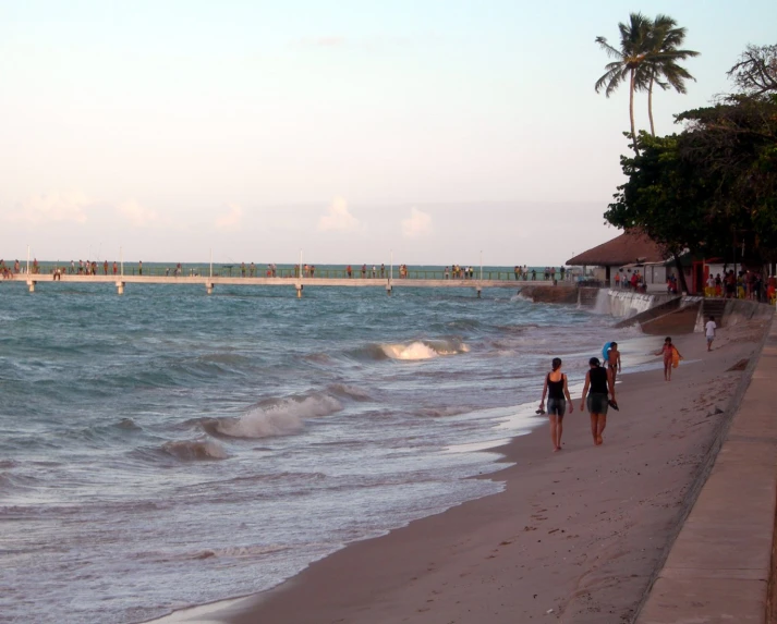 a group of people are walking along a beach