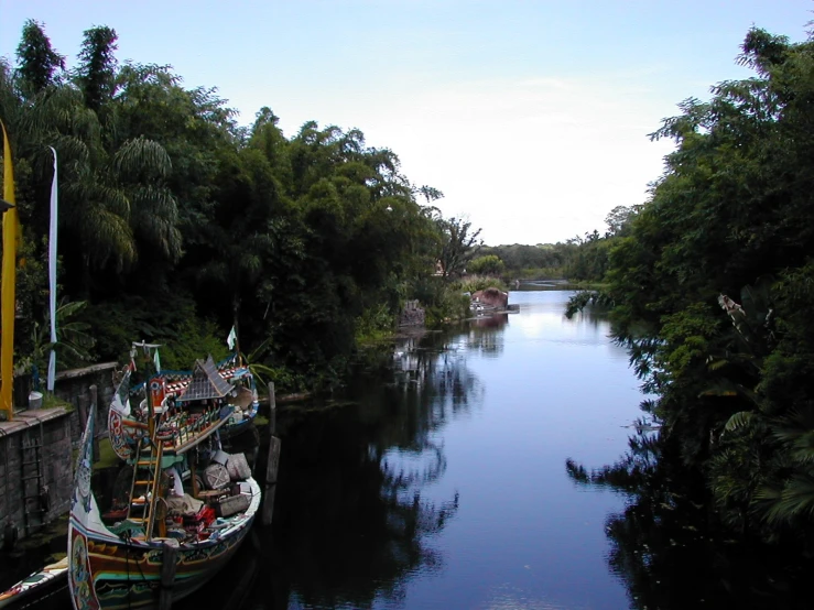 a boat that is sitting in the water near trees