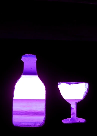 a bottle and glass in silhouette with ocean in the background