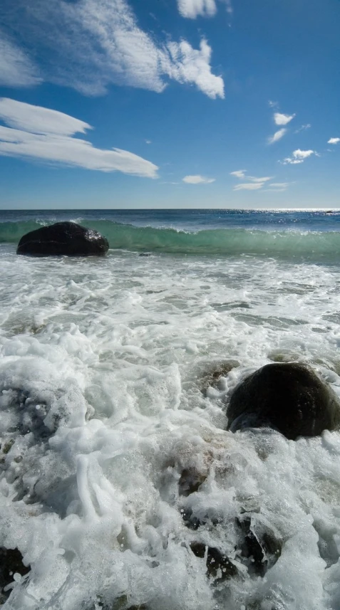 water moving on the rocks and foaming on the beach