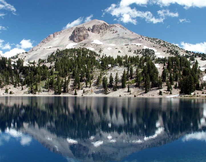 a mountain with trees reflected in it with clouds and a blue sky