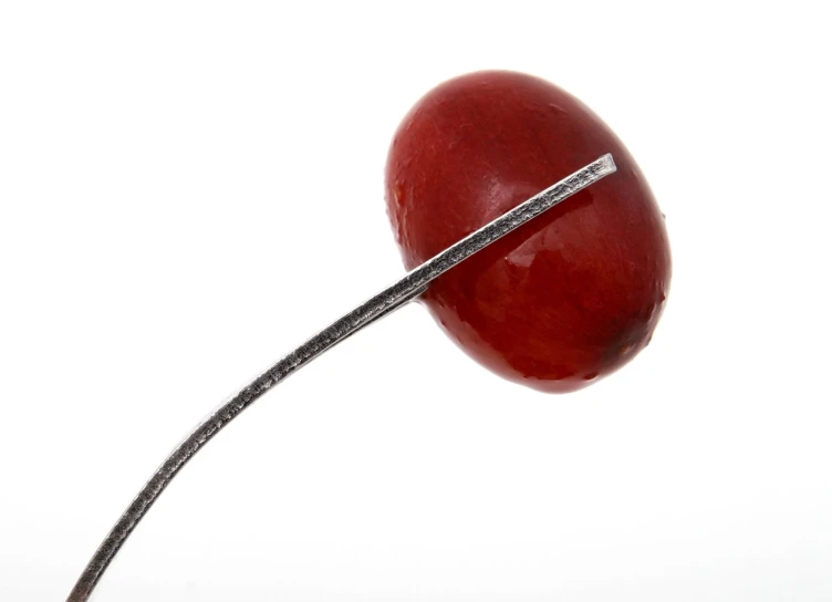 an apple with a twisted handle in the background