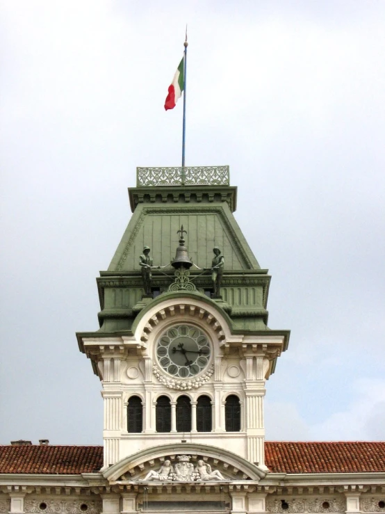 a clock is on top of a building with a flag pole on it