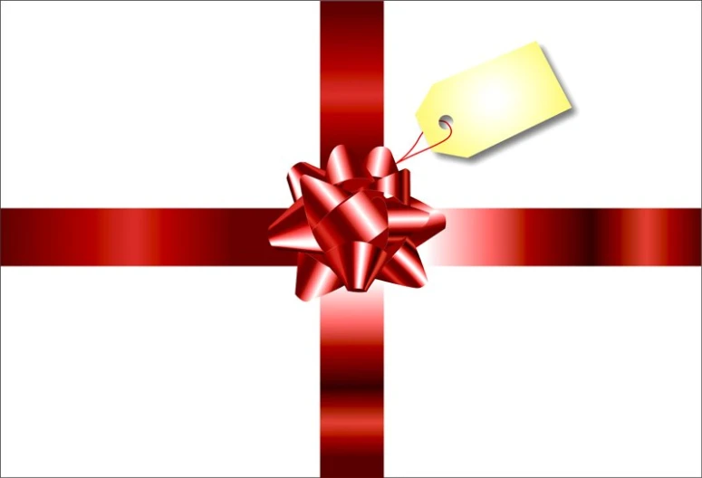 a red ribbon with a tag and bow