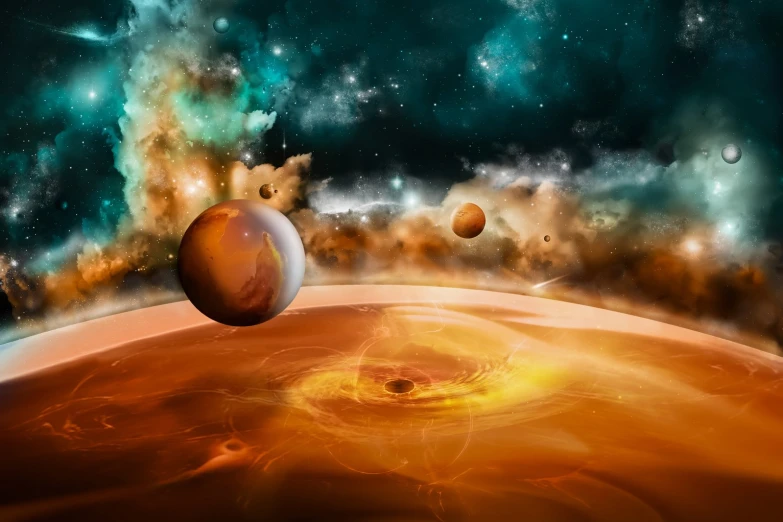 the planets in outer space with fire and stars