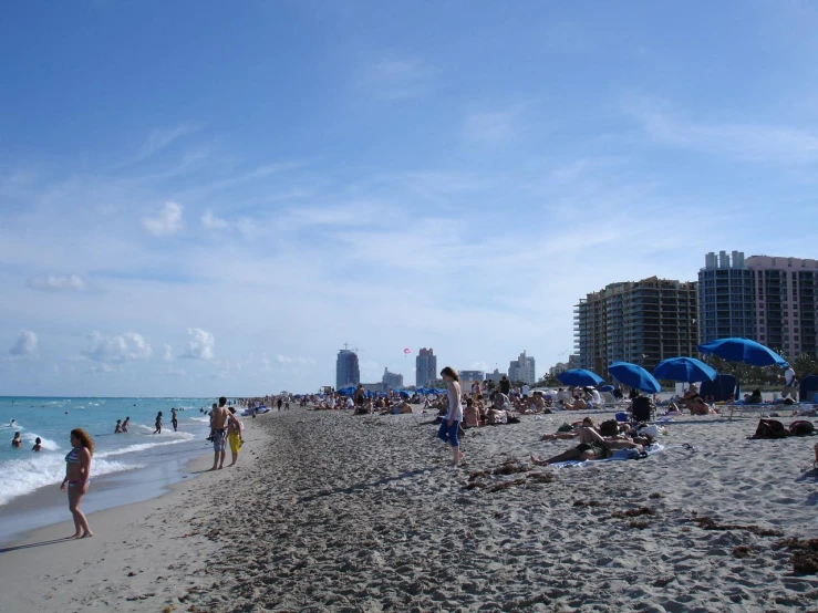 many people are walking along the beach