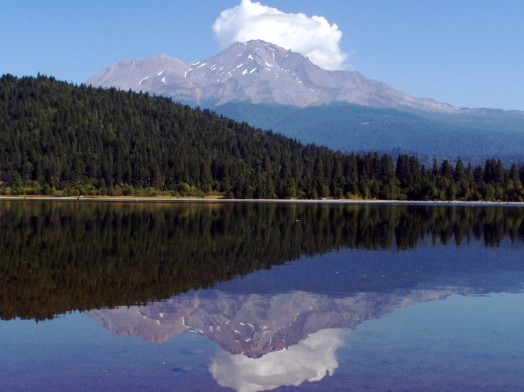 the mountains reflect off the still waters in the lake