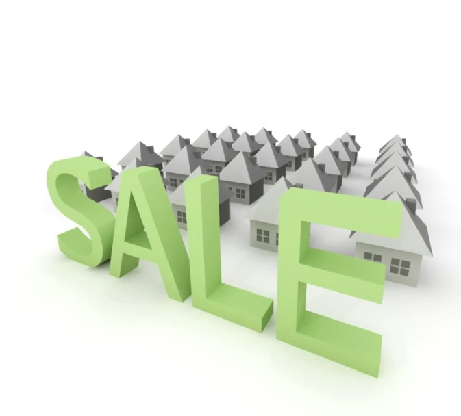 3d illustration of a sale sign in front of many small houses