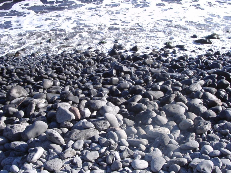 black rocks are seen at the edge of an ocean beach