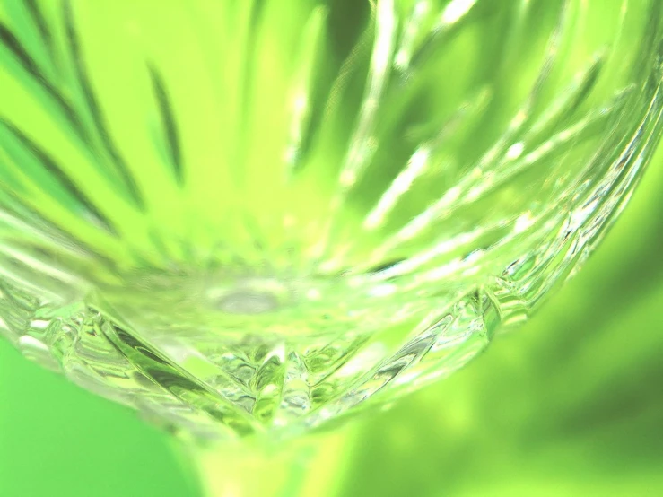 a clear cup filled with liquid against a green background