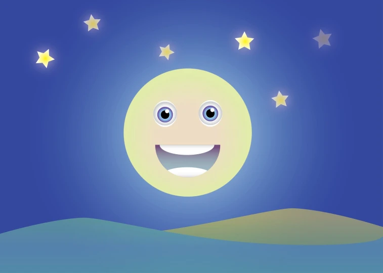 an illuminated moon in the sky with stars and the word smile