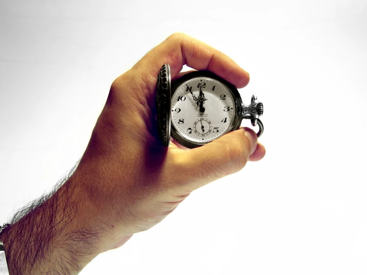 a hand holds an alarm clock against a white background