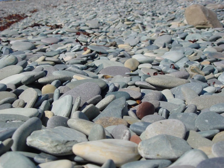 many rocks are sitting on the beach together