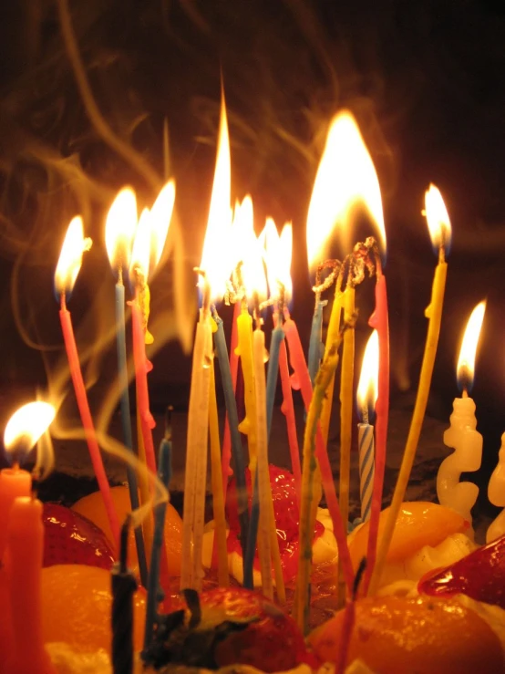 an image of a birthday cake with candles lit