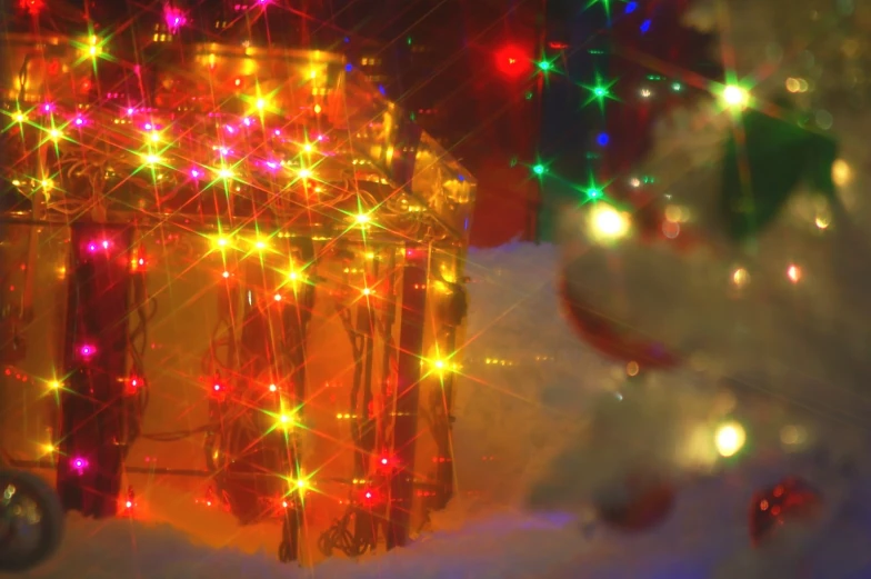 an illuminated basket is shown in the snow