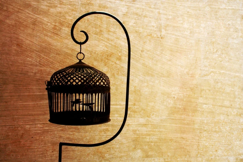 a small cage hanging on the side of a wooden wall