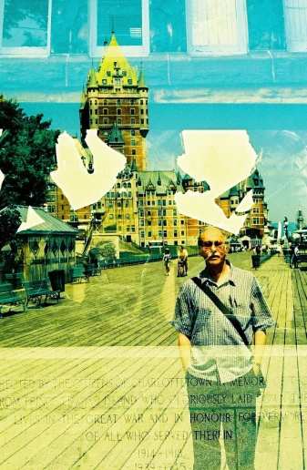 a double exposure pograph of a man and a castle behind him