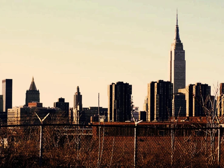 city skyline with buildings on the side and one building in front