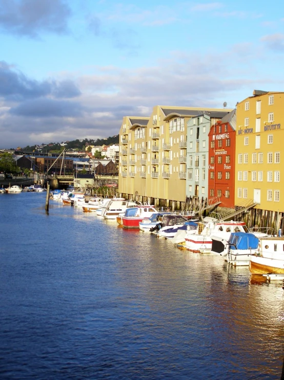 rows of boats are moored along the river