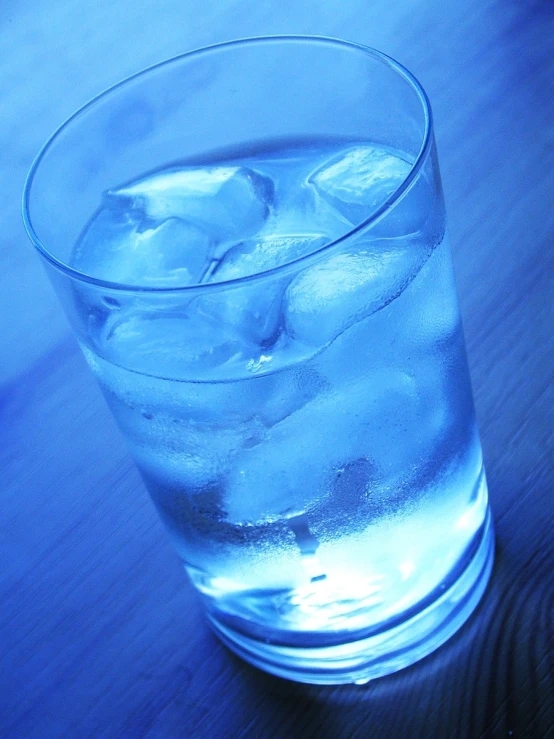 ice cold water is placed in a glass with blue background