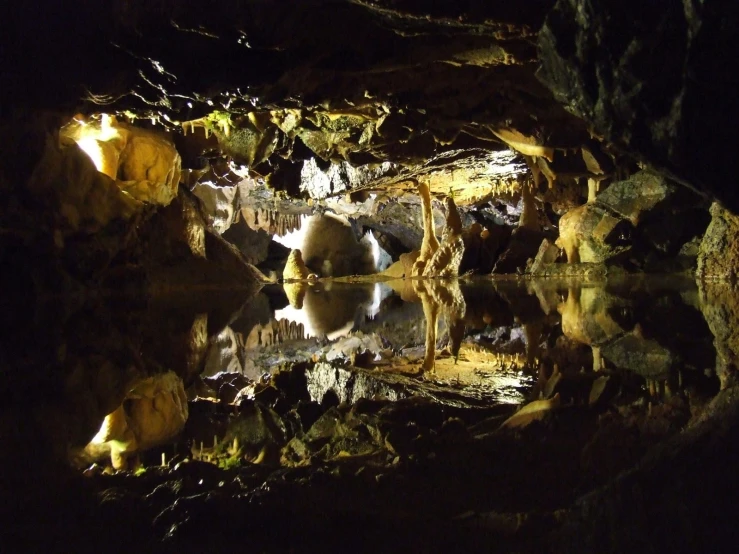 a large cave with some water inside