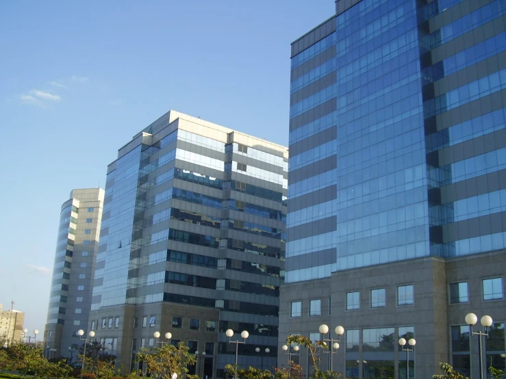 the modern office buildings are situated side by side