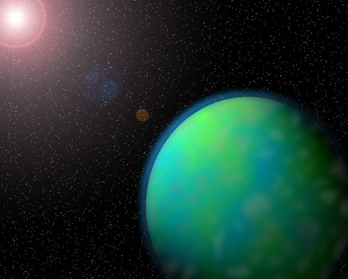 two planets in the sky with a bright green planet