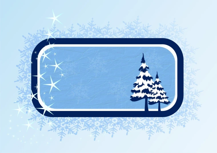 a blue and white winter frame with a snow covered pine tree