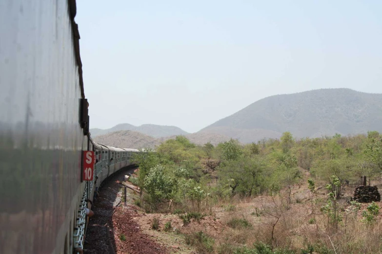 a view of a train moving past some trees