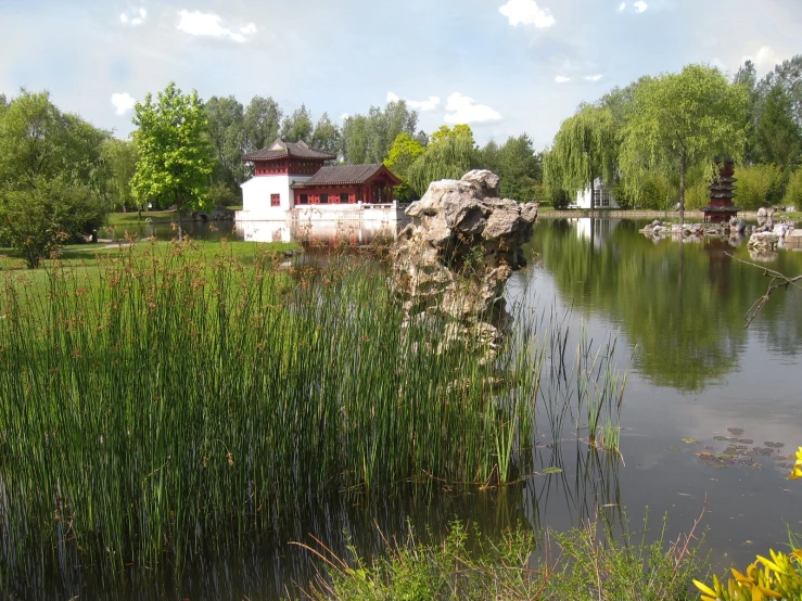 a pond with a rock in the middle near some water