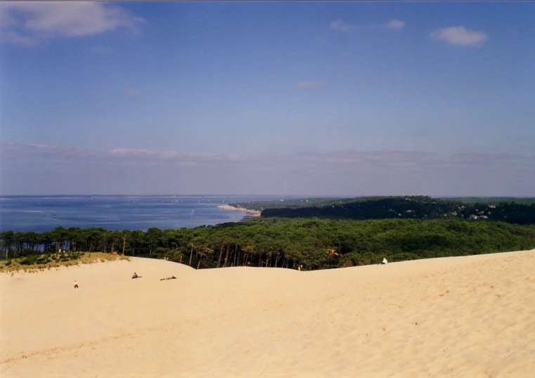 a sandy landscape by the ocean under a clear blue sky
