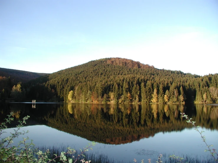 a still lake surrounded by trees and hills