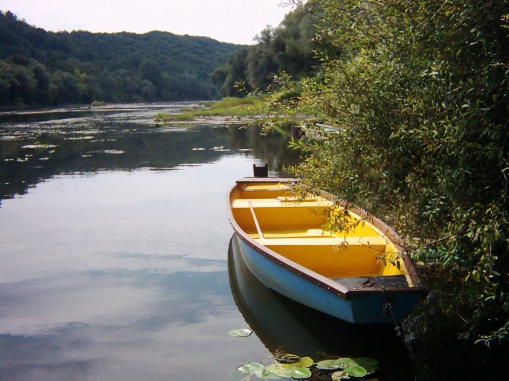 a row boat sitting next to the shore of a lake