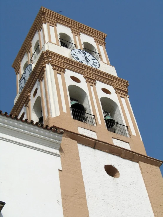 a very tall clock tower with two clocks on each of them