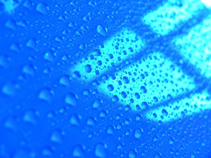 drops of rain sit on the window, reflecting the side of a bus