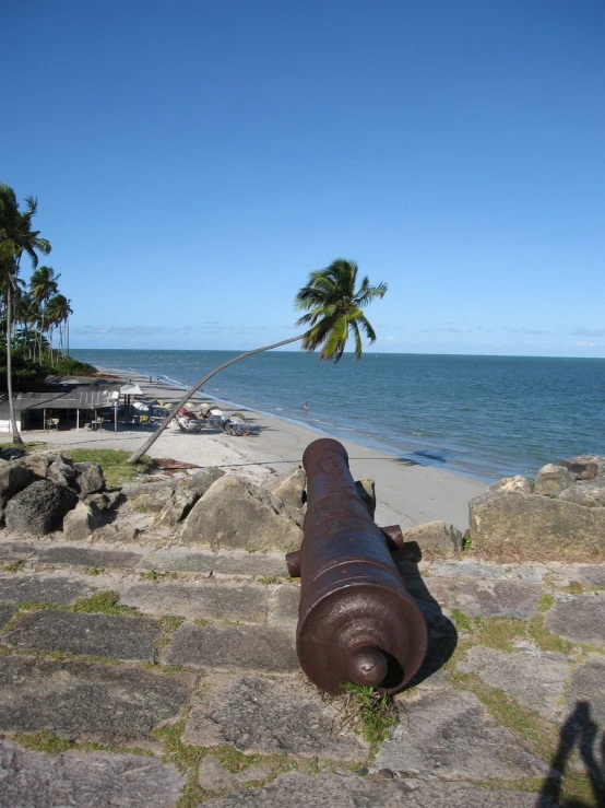 a cannon on a ledge in front of the beach