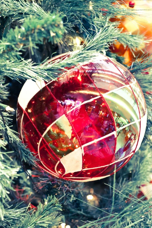 a glass ornament in a christmas tree