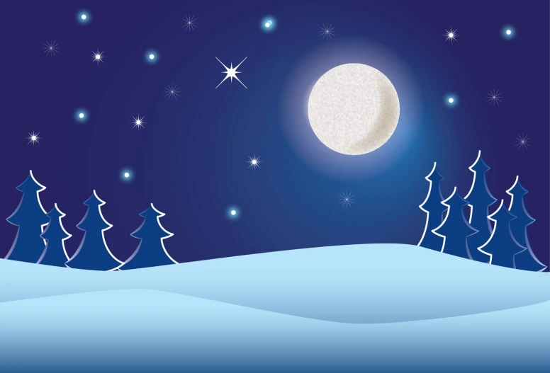 a drawing of a night with a full moon and a snowy tree