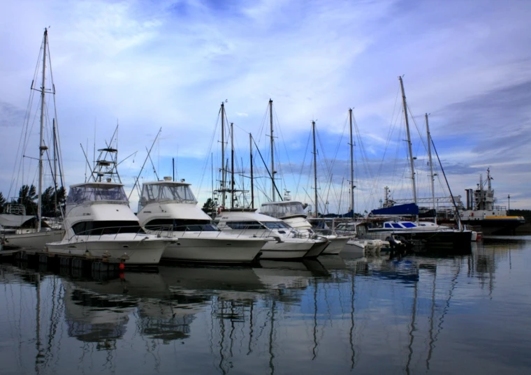 many boats are parked near a dock on the water