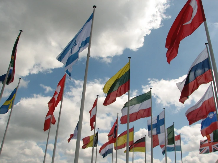 an array of different flags flying in the wind