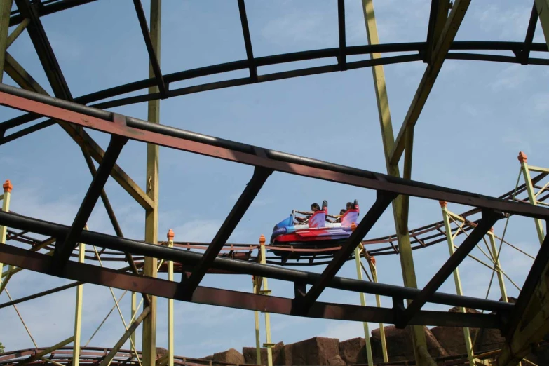 roller coaster ride on blue cloudy day, overhead