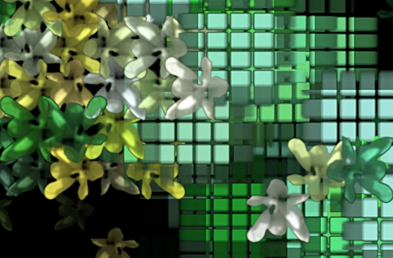 a bunch of abstract green and yellow shapes with white and yellow flowers
