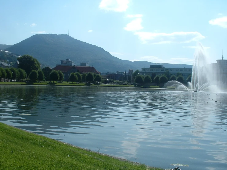 the small lake has a large fountain near the water