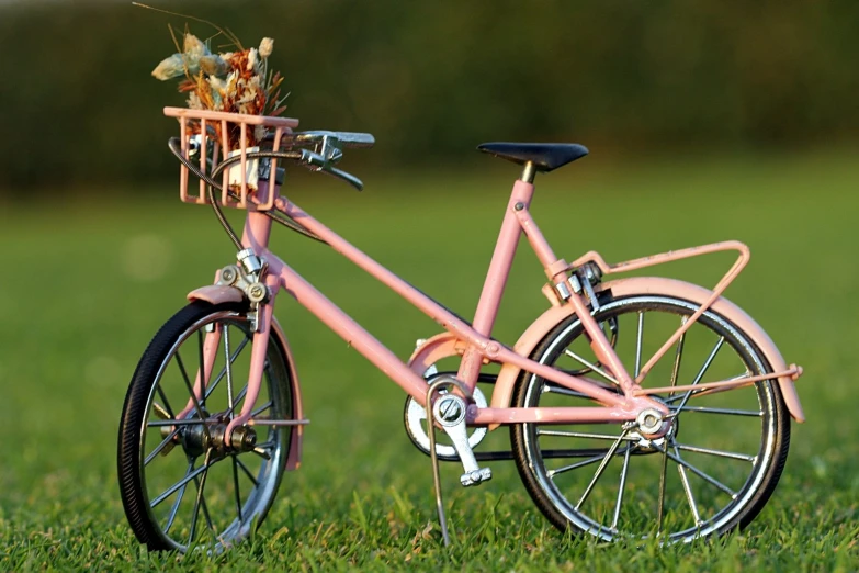 pink bicycle with a basket of flowers on the handlebars