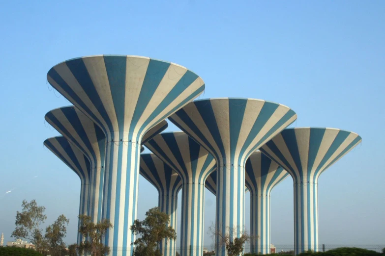 this is three large striped water towers