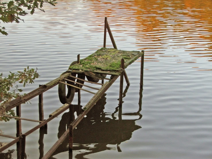 a bicycle is leaning on an abandoned wooden dock in the water