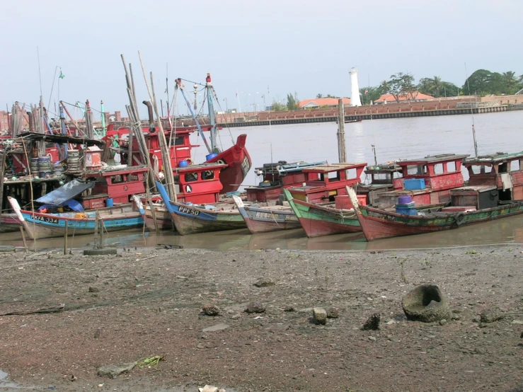 a number of boats docked on the beach