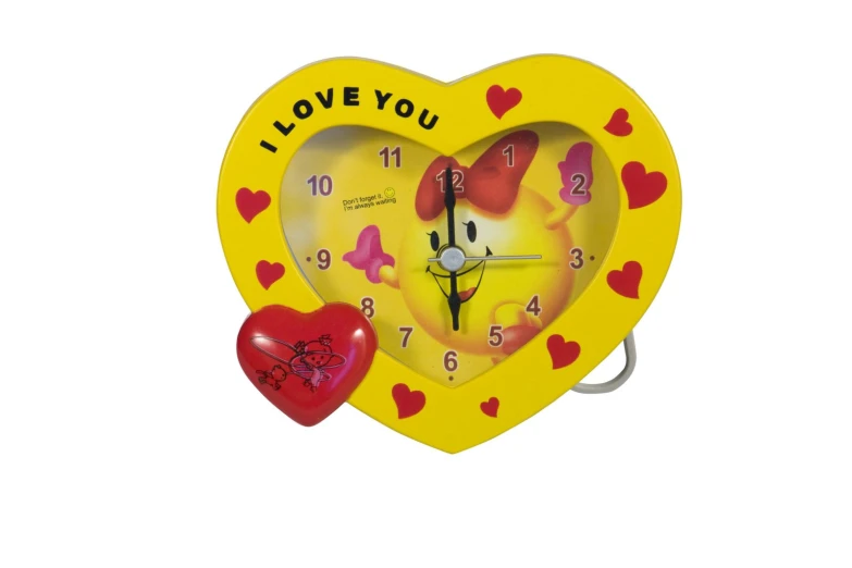 a yellow and red clock with some hearts
