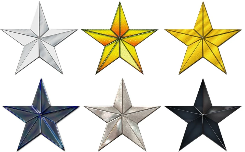 six shiny star shapes on a white background