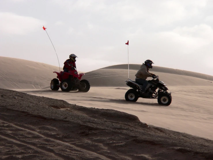 two people on quads in desert area with flag poles